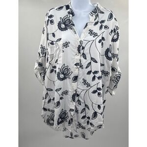 Mermaid Fashion Womens Floral Embroidered Button Down Shirt White Navy Blue S